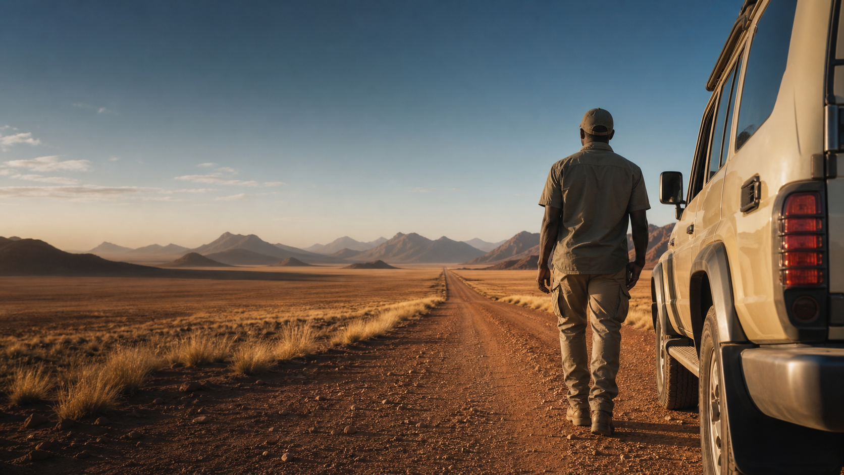 Fictional staging scene of a Namibia field guide beside a self-drive vehicle on a desert road